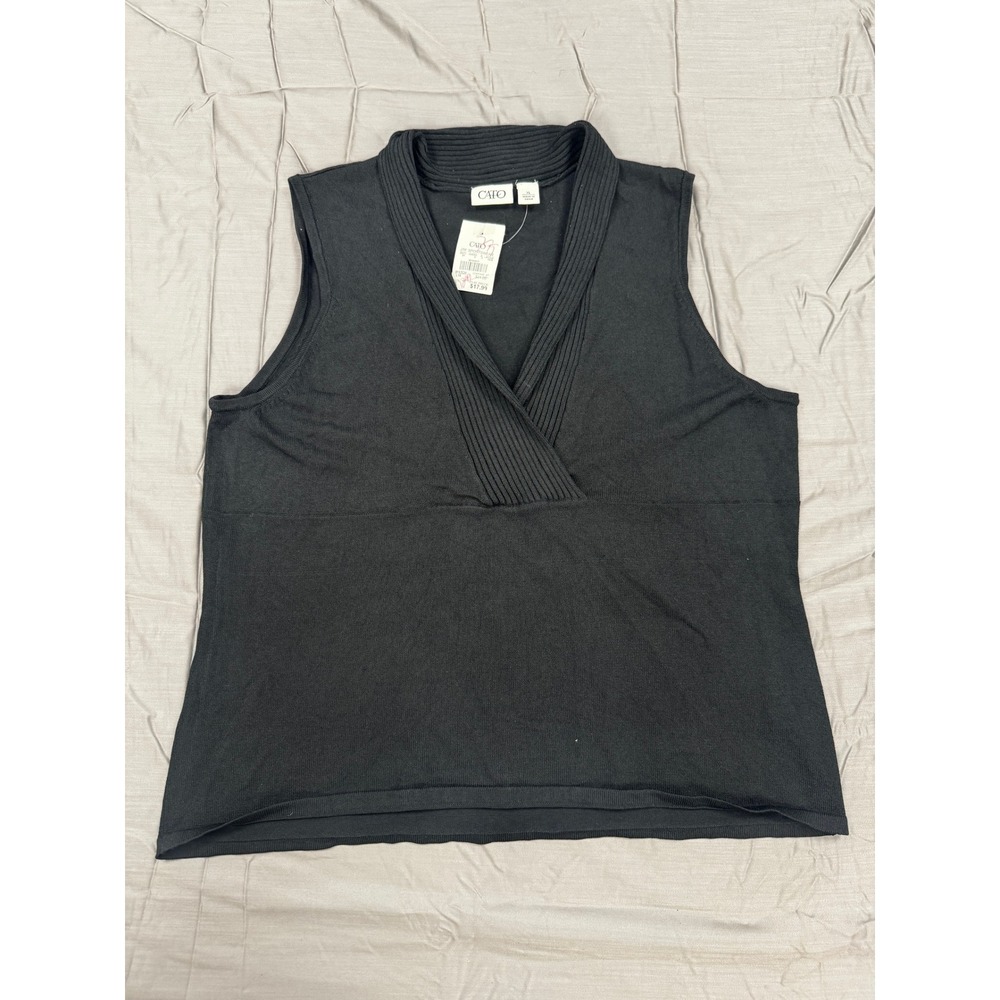 Cato Vintage Black Sleeveless Sweater Shell Ribbed Mock V-Neck XL NWT